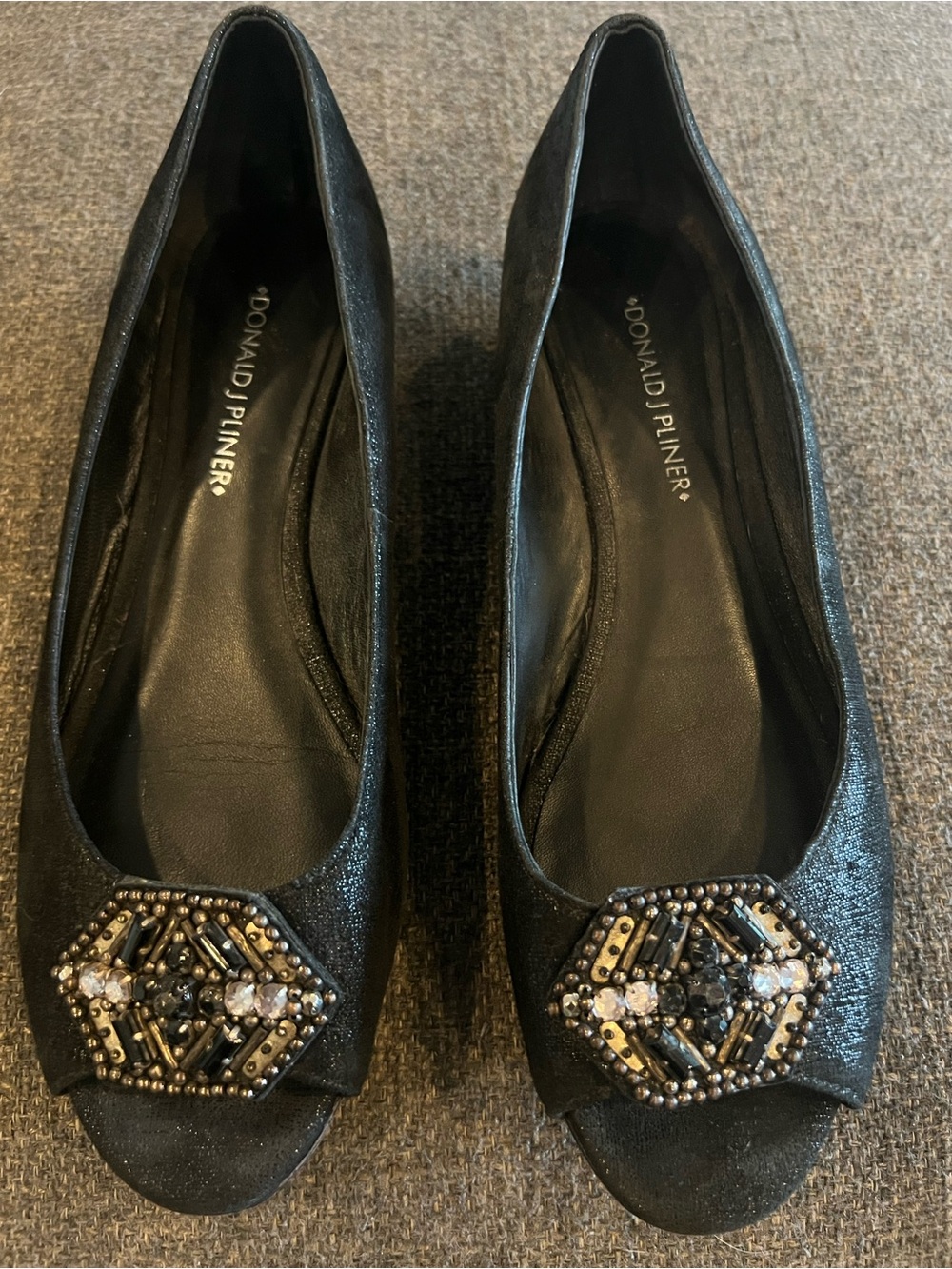 Donald J. Planner Shoes Black Embellished Peep-Toe Wedge Suede 8.5 M